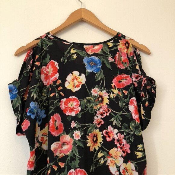 SPENSE Black Red Green Multi Floral Short Sleeve Cold Shoulder Blouse Top Small - Picture 8 of 8